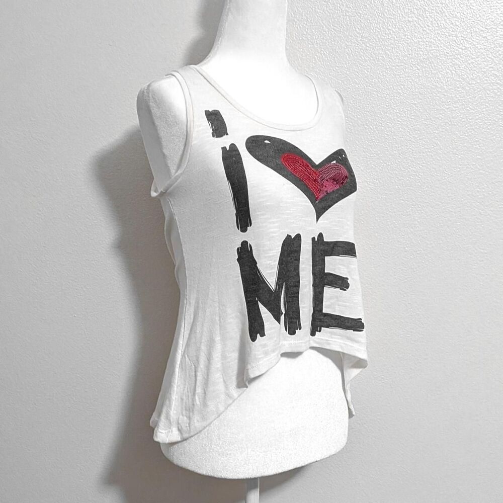 2000s Retro Doll White Y2K "I Heart Me" Sequined Graphic Tank Top | Size S - Picture 2 of 6